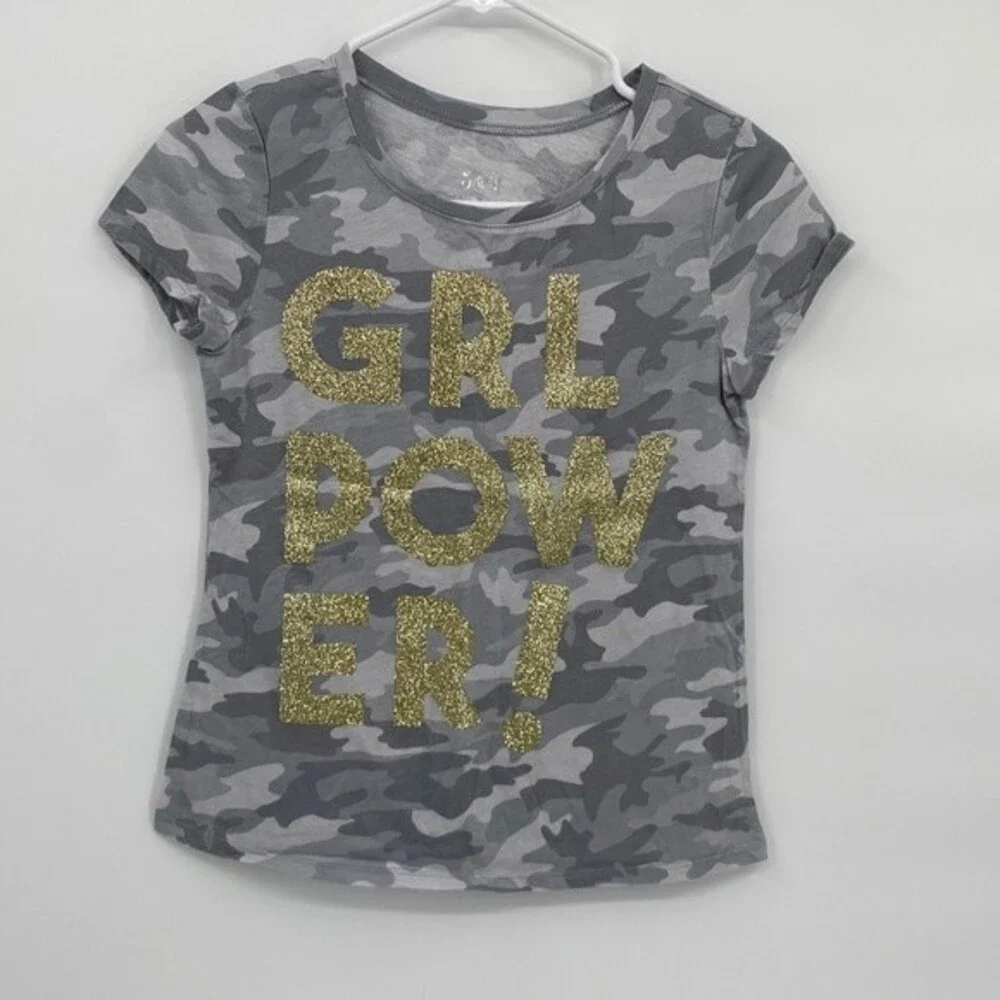 Justice Girls Gray Camo Gold Sparkle GRL POWER! Graphic Short Sleeve Shirt 12